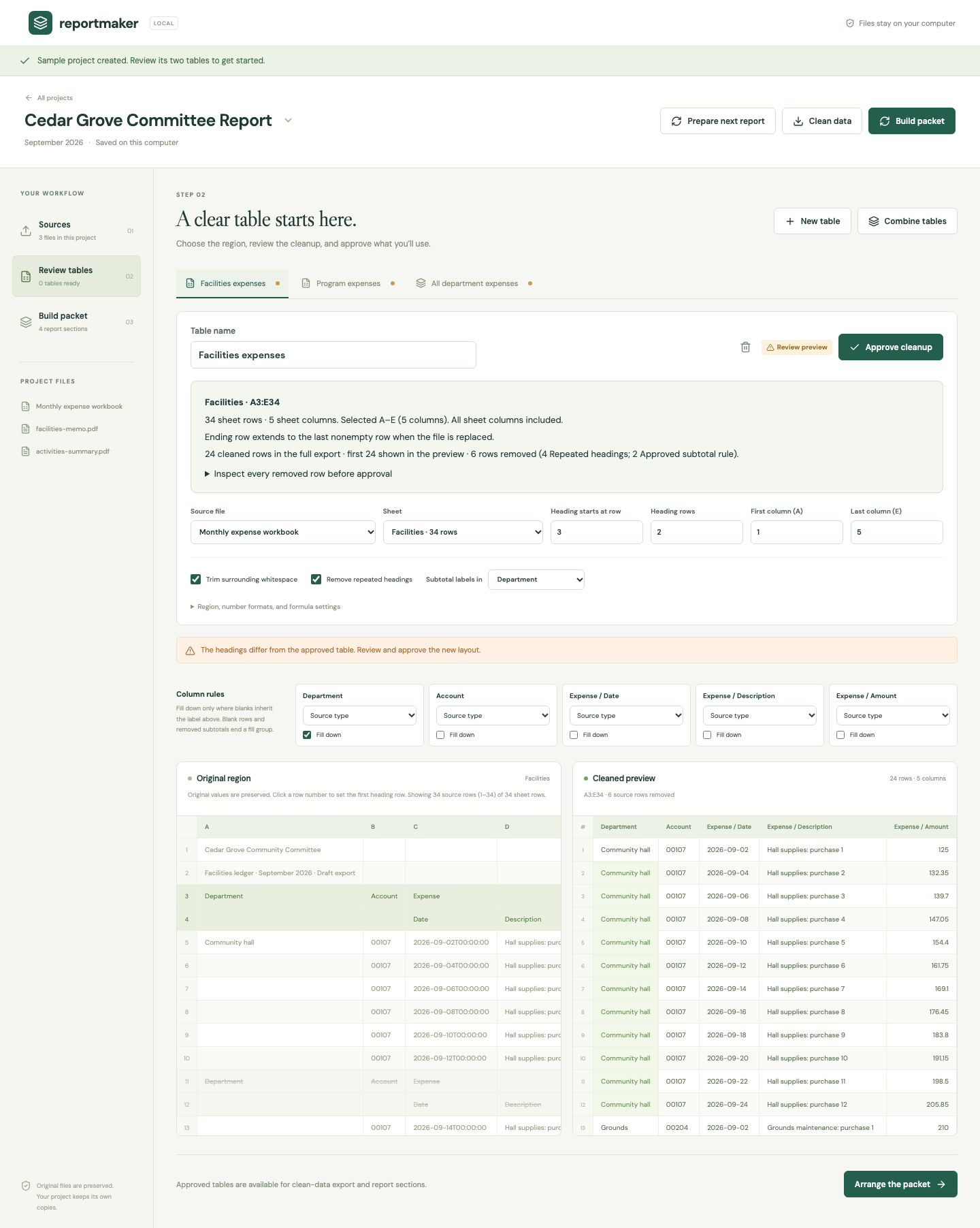 The desktop prototype showing original and cleaned spreadsheet values side by side.